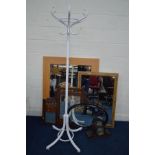 A WHITE PAINTED BENTWOOD COAT STAND, height 195cm together with two pine mirrors, an Edwardian