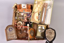 A SELECTION OF VARIOUS ITEMS, to include three wooden plaque trophies, a box of coins, various glass