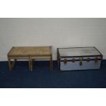 A VINTAGE TRAVELLING TRUNK, a tile topped nest of three tables and three sieves