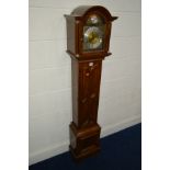 A TEMPUS FUGIT OAK GRANDDAUGHTER CLOCK, the circular brass and silvered dial with Roman numerals,