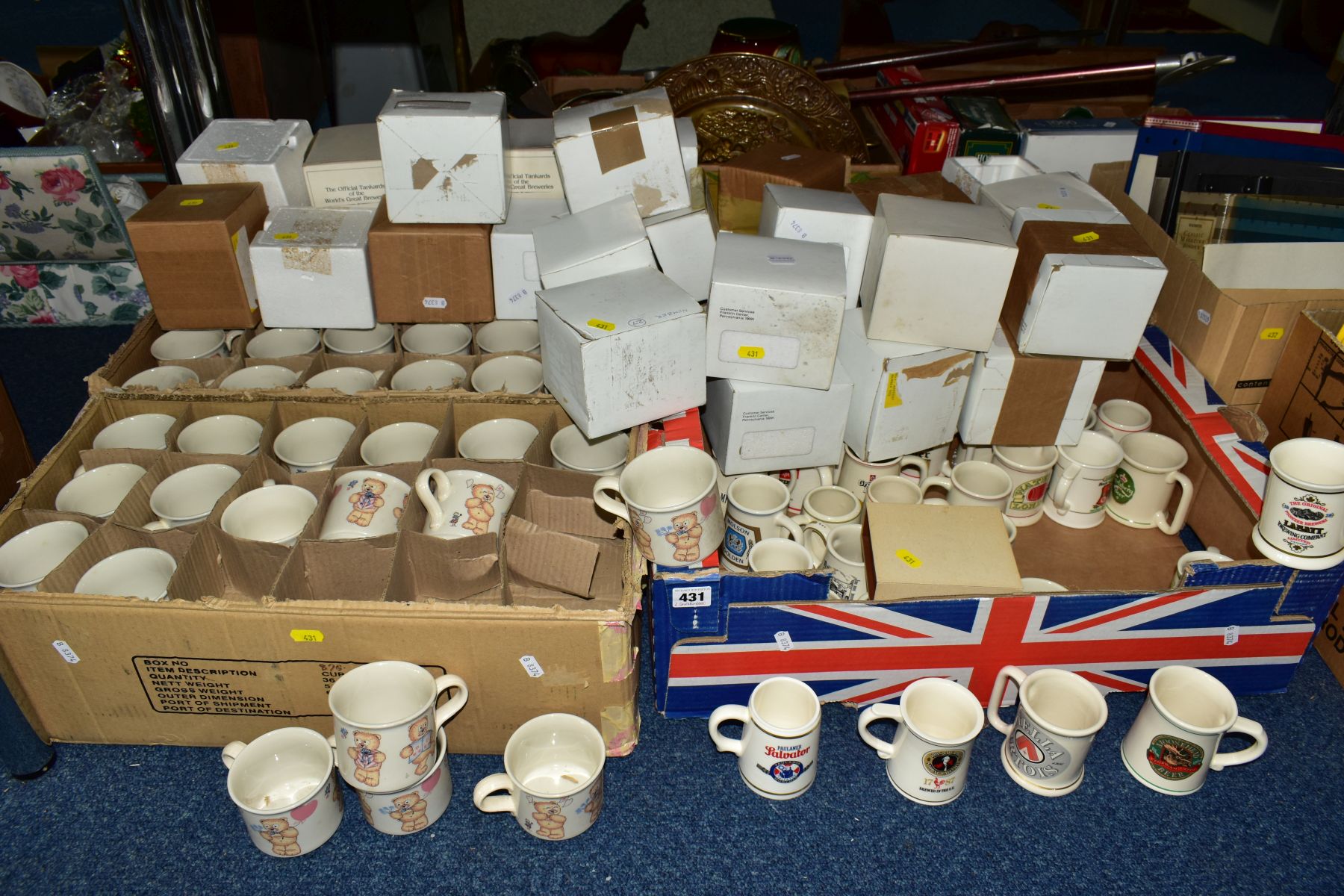 FOUR BOXES OF POTTERY TEDDY MUGS AND TANKARD, including Franklin Mint 'The Official Tankards of