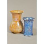 TWO RUSKIN POTTERY LUSTRE GLAZED VASES, the conical vase with flared rim with a purple lustre glaze,