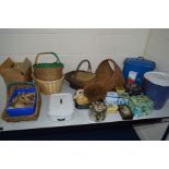 A QUANTITY OF MISCELLANEOUS to include various enamel buckets/tins, various wicker baskets, etc (