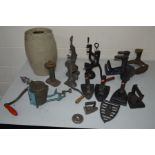 A QUANTITY OF VARIOUS VINTAGE METALWARE, to include four various irons, food mincers, three shoe