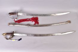 TWO MILITARY SWORDS, (A) no scabbard, wooden grip with bright steel hanguard, which is marked 4-