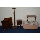 A QUANTITY OF OCCASIONAL FURNITURE to include two oak fire screens, cantilever sewing box, Lloyd