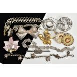 A SELECTION OF JEWELLERY, to include a pair of round inlaid cufflinks, an openwork floral design