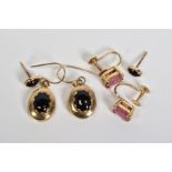 THREE PAIRS OF EARRINGS, to include a pair of oval garnet studs, a pair of 9ct gold oval onyx dangle