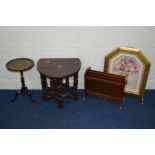 A REPRODUCTION OAK DROP LEAF OCCASIONAL TABLE, together with a wine table, magazine rack and a