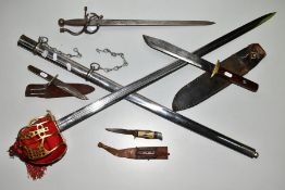 FIVE BLADED WEAPONS, short sword/dagger, steel ornate hand guard, blade engraved with Toledo ?