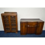 A 1940'S OAK GLAZED TWO DOOR BOOKCASE, width 89cm x depth 34cm x height 137cm, together with oak