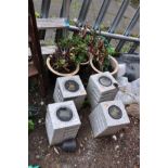 FOUR GRANITE BLOCK SOLAR LIGHTS, 18cm square and 25cm high and three small glazed planters with