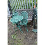 A CAST ALUMINIUM AND WOOD GARDEN BENCH, width 127cm and a green painted cast aluminium table,