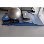 FIVE FITNESS MATS OF VARYING MAKES, 90cm x 120cm, a Ruckanor fitness ball, a V-Fit 3 section step,