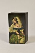 A 19TH CENTURY STOBWASSER STYLE PAPIER MACHE SNUFF BOX, the hinged cover painted with a three