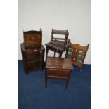 A QUANTITY OF OCCASIONAL FURNITURE to include an oak three tier occasional table with canted corner,