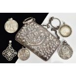 A SILVER PURSE AND OTHER ITEMS, the small silver hinged purse designed with embossed floral detail