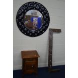 A MODERN DECORATIVE CIRCULAR BEVELLED EDGE WALL MIRROR, diameter 98cm together with a hardwood