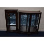 A MODERN MAHOGANY BOWFRONT TWO DOOR CHINA CABINET, width 93cm x depth 40cm x height 107cm,