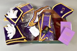A BOX OF MASONIC REGALIA including velvet cuffs, gloves, books, a Manchester Unity Oddfellows