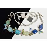 THREE ITEMS OF JEWLLERY, to include a Pandora bracelet for charms, a semi-precious gemstone set