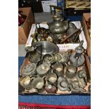 TWO BOXES OF PEWTER, COPPER AND BRASS ETC, to include a pewter spirit kettle, teapots, pitcher,