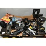 A TRAY CONTAINING VINTAGE SLR CAMERAS, LENSES AND CINE CAMERA, including a Praktica LLC fitted