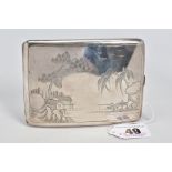 A CHINESE CIGARETTE CASE, designed with an engraved oriental landscape scene to the hinged lid, push