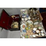 A CAST HEAT RAY LAMP AND TWO BOXES OF CERAMICS, GLASS, METALWARE, including a set of five Royal