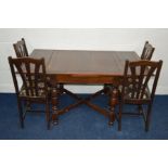 A 1940'S OAK DRAW LEAF TABLE on bulbous legs united by a cross stretchered base, 91cm squared x