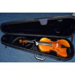 A MODERN VERACINI VIOLIN with a two piece back and a modern case