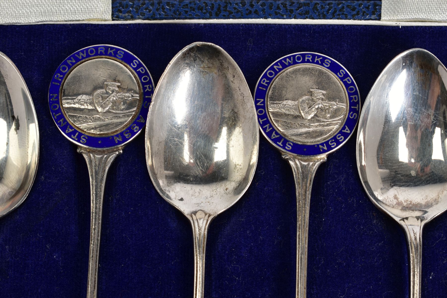 A SET OF SIX SILVER TEASPOONS, each with a round blue enamel medal depicting a rifle men, to each - Image 2 of 3