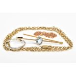 A SELECTION OF ITEMS, to include a belcher chain with lobster claw clasp with a 9ct hallmark for