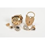 A SELECTION OF ITEMS, to include a 9ct gold heart locket, a pair of 9ct gold sapphire set drop