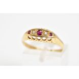 AN 18CT GOLD FIVE STONE RING, set with three circular cut rubies interspaced by two single cut