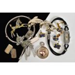 A SELECTION OF ITEMS, to include a silver bangle with engraved detail and hallmark for Birmingham,
