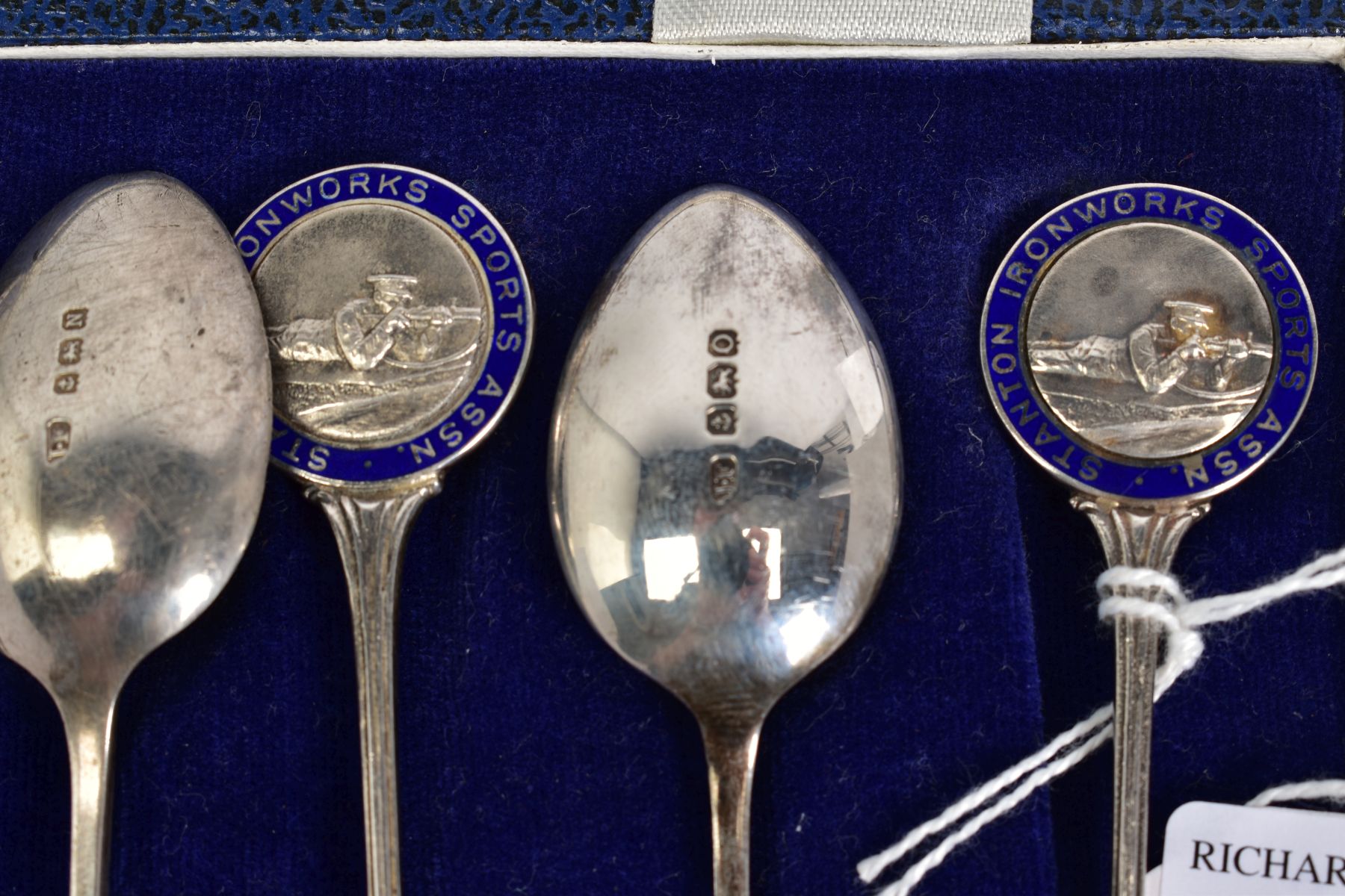 A SET OF SIX SILVER TEASPOONS, each with a round blue enamel medal depicting a rifle men, to each - Image 3 of 3