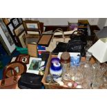 FIVE BOXES AND LOOSE OF PICTURES, CUT GLASS WINE GLASSES ETC, handbags, boxed kettles, leather