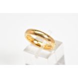 A 22CT GOLD WEDDING RING, plain polished band, with a 22ct hallmark for Birmingham, ring size J1/