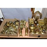TWO BOXES AND LOOSE BRASSWARE, to include a cast brass desk cannon, on four wheel carriage, length