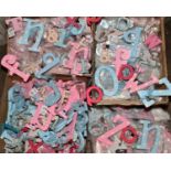 THREE BOXES OF ALPHABET LETTERS, mostly pink and blue