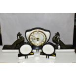 A FRENCH ART DECO BLACK AND WHITE CLOCK GARNITURE, the dial has Arabic numerals and pierced gilt