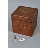 A GEORGE III MAHOGANY AND SATINWOOD INLAID TEA CADDY OF CUBE FORM, circa 1785, the hinged lid and