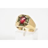 A 9CT GOLD GENTLEMANS SIGNET RING, of square design set with a central oval cut garnet and green
