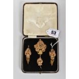 A VICTORIAN BROOCH AND EARRING SET, the brooch of floral and foliate design set with circular