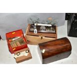 A SET OF BALANCE SCALES, unmarked, complete with weights, in home made wooden case, with a cased