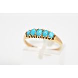 A FIVE STONE RING, set with five graduated oval cut turquoise, to the plain polished band, ring size