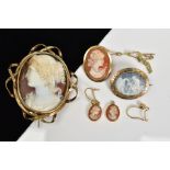 A COLLECTION OF CAMEO JEWELLERY to include a small gold plated brooch depicting Leda and the Swan, a