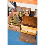 TWO BOXES OF METALWARE WITH A THREE DRAWER LOCKABLE CABINET, to include two brass twin burner oil