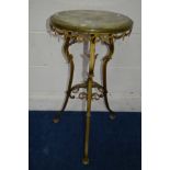 A LATE 19TH CENTURY CIRCULAR ONYX TOPPED OCCASIONAL TABLE, on a foliate brass tripod base united